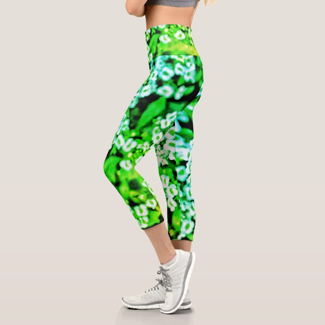 Leggings Capri Fleurs blanches brillantes et vertes imprimés flor (Gauche)