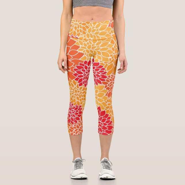 Leggings Capri Fleurs Dahlia, Motif De Fleurs, Dahlia Orange (Recto)