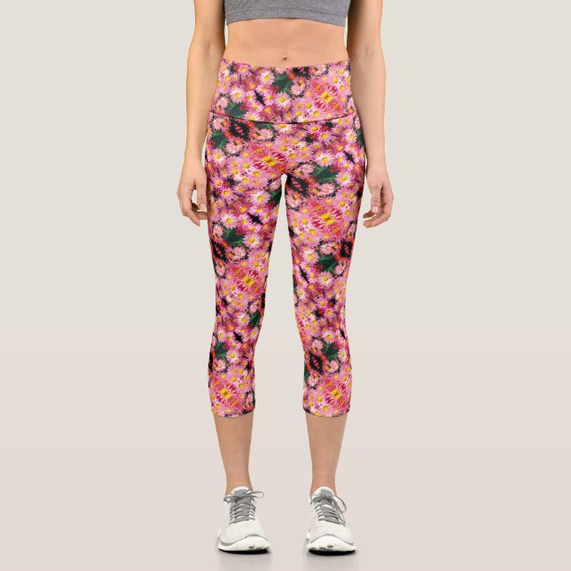 Leggings Capri Fleurs De Faisée Rose Et Motif De Bumble (Recto)