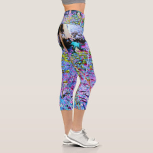 Leggings Capri Fleurs de jardin chartreuse et aqua impressionnist
