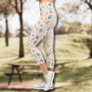 Leggings Capri Fleurs de Pâques et feuilles aquarelles vintage Œu