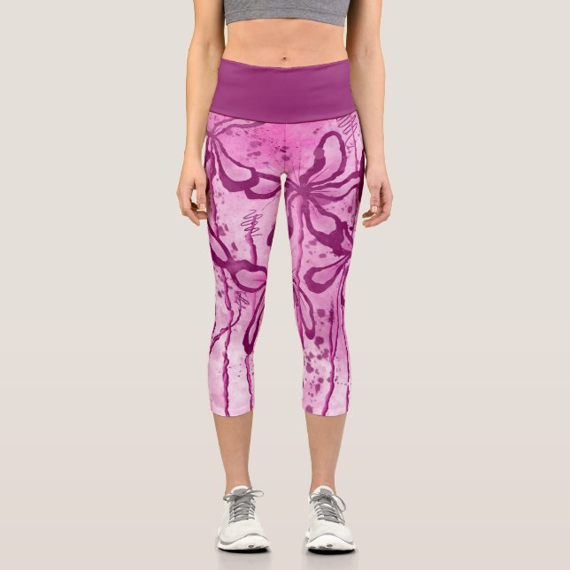 Leggings Capri Fleurs encrées Abstraites rose (Recto)