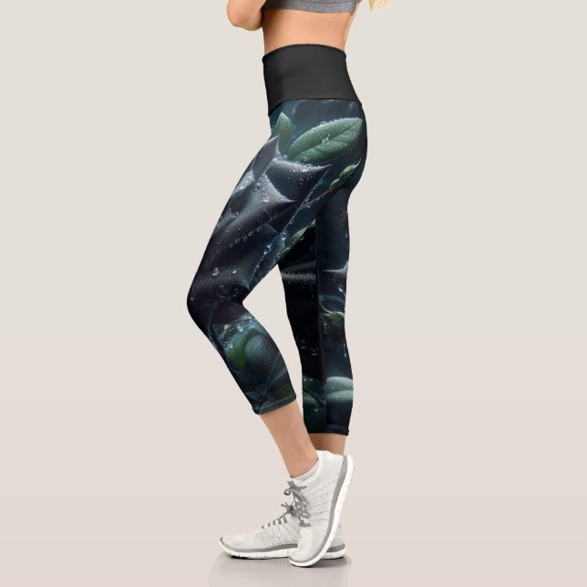 Leggings Capri Fleurs florales Roses noires (Gauche)