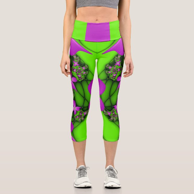 Leggings Capri Fleurs fractales Abstraites de néon rose vert (Recto)