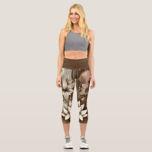 Leggings Capri Fleurs Lotus Modernes En Sepia