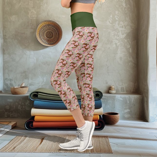 Leggings Capri Fleurs roses du serpent de maïs vert (Créateur téléchargé)