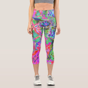 Leggings Capri Fleurs roses et violettes psychédéliques tripantes