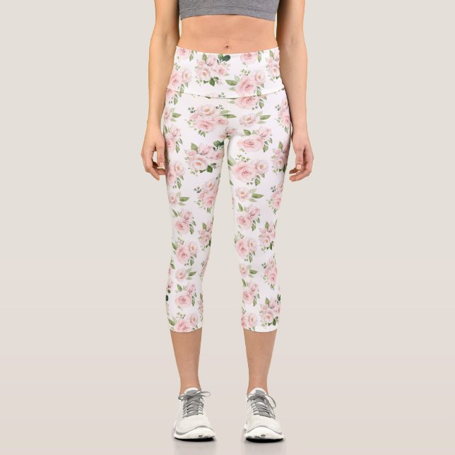Leggings Capri Fleurs roses, Roses roses, Fleurs Aquarelles (Recto)