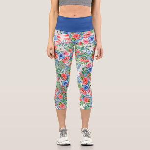 Leggings Capri Fleurs Rouges Blanches Et Bleues Patriotiques 4 Ju