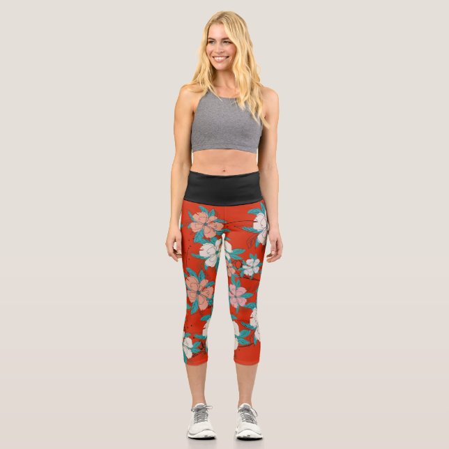 Leggings Capri fleurs rouges et roses et blanches (Recto)