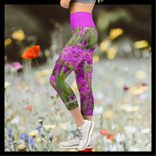 Leggings Capri Fleurs violettes Floral Nom personnalisé