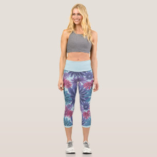 Leggings Capri Floraison électrique : Floral bleu brillant et ros
