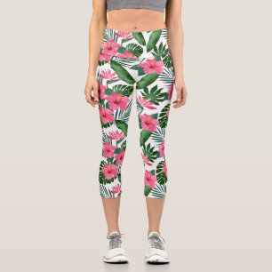 Leggings Capri Flore tropicale recouverte d'Hibiscus rose