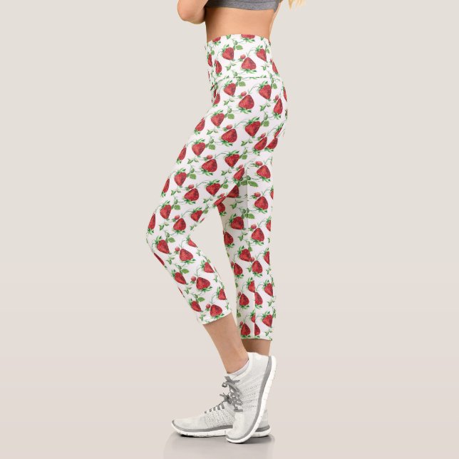 Leggings Capri Fraises d'été et Motif Feuille (Gauche)