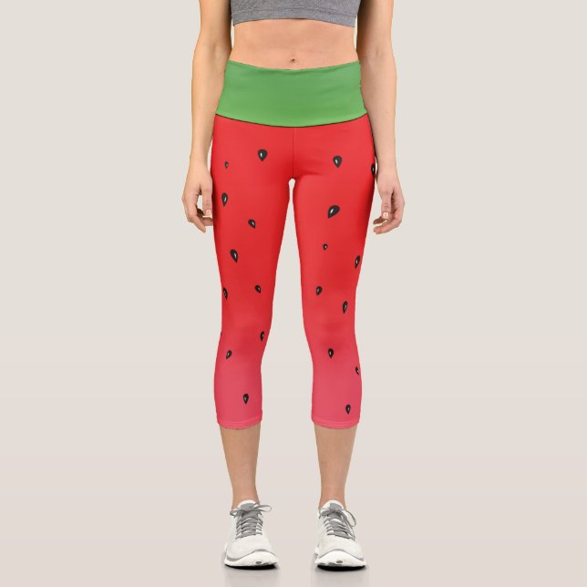 Leggings Capri Fruits de pastèque tons vert et rouge avec graines (Recto)