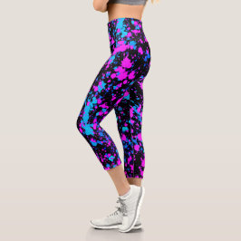 Leggings Capri Fun Bright Paint Splash Rose Turquoise Cobalt Bleu