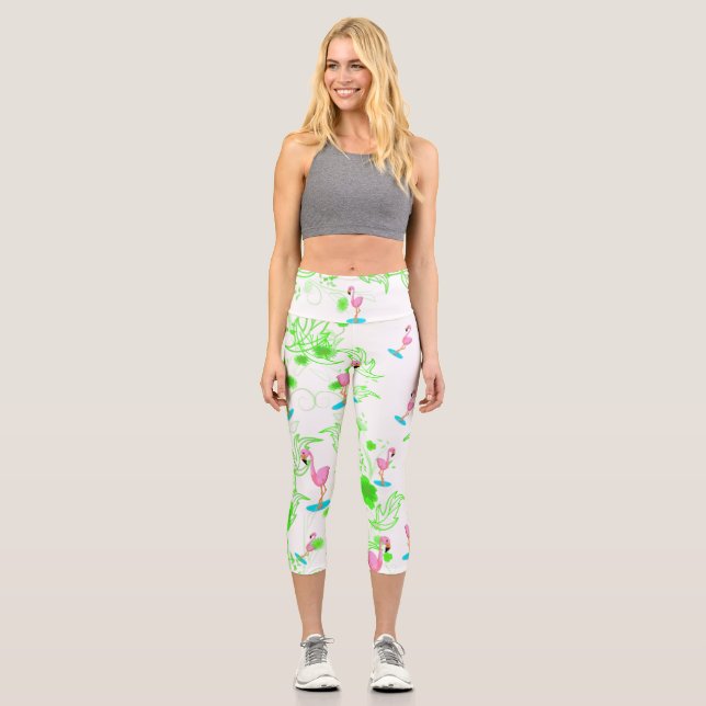 Leggings Capri Fun flamants roses et vignes vertes (Recto)