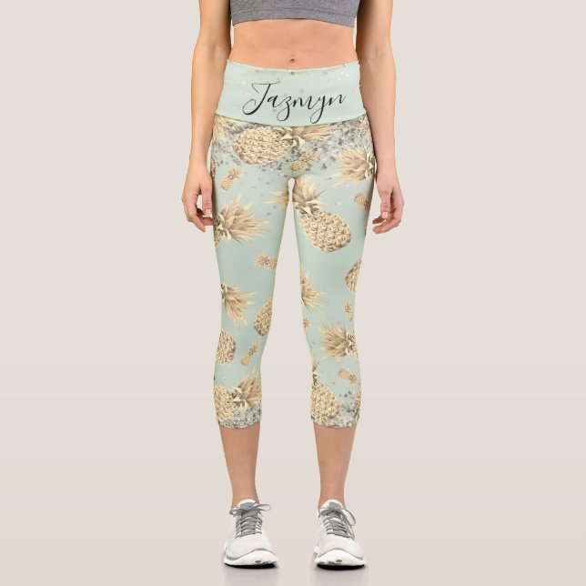 Leggings Capri Fun Glittery Golden Pineappy Personnalisé (Recto)