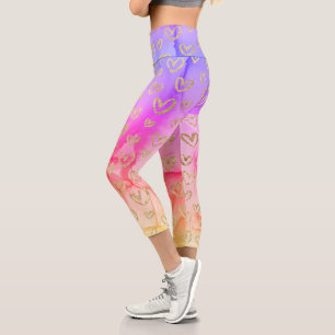Leggings Capri Fun Purple Rose Jaune Gold Hearts Motif