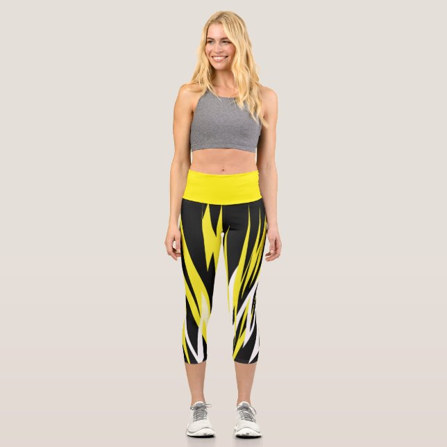 Leggings Capri Funky Bold Abstrait Art Noir Jaune Blanc (Recto)