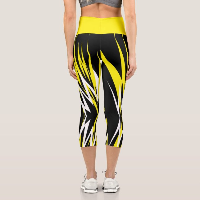 Leggings Capri Funky Bold Abstrait Art Noir Jaune Blanc (Verso)