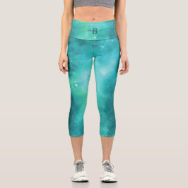 Leggings Capri Galaxie bleue verte | Monogramme et nom