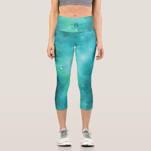 Leggings Capri Galaxie bleue verte   Monogramme et nom