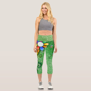 Leggings Capri Glam Parties scintillant verte - Fleur rétro, sole