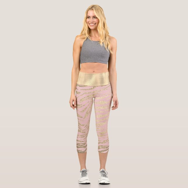 Leggings Capri Glittery Zebra Imprimer sur Rose Blush (Recto)