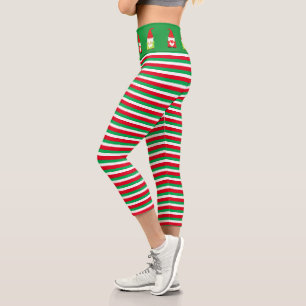 Leggings Capri gnomes de Noël sur rouge vert rayé