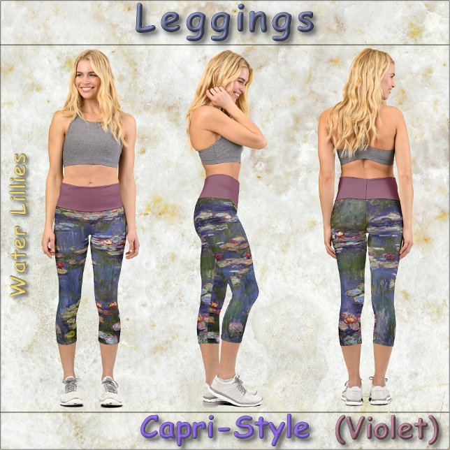 Leggings Capri GOUTTES DE STYLE CAPRI -Lillies d'eau" -Claude Mon (Capri-Style Leggings featuring a classic art image entitled "Water Lillies" by Claude Monet)