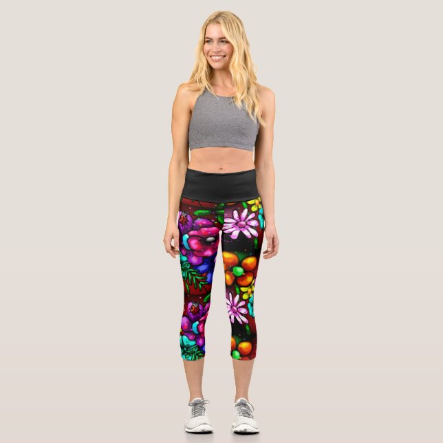 Leggings Capri Graffiti Style Fleurs & Ladybug rose violet rouge (Recto)