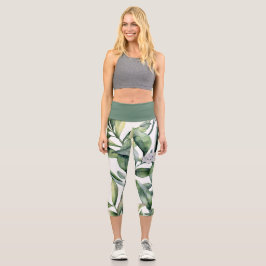Leggings Capri Grand Motif de feuille aquarelle gras