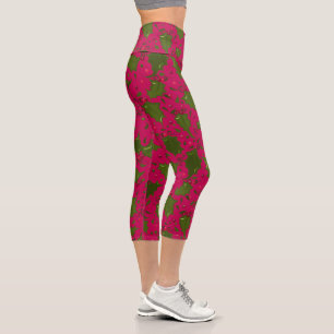 Leggings Capri Green Holly Feuilles sur Pink Holiday Cute