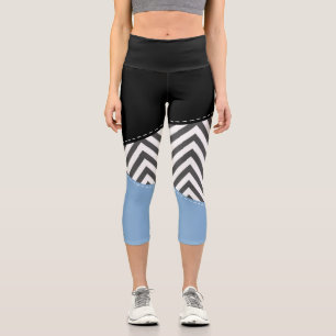 Leggings Capri Gris Zigzag, Gris Chevron, Motif Zigzag, Bleu