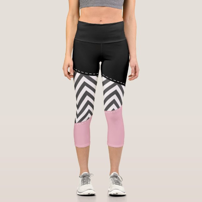 Leggings Capri Gris Zigzag, Gris Chevron, Motif Zigzag, Rose (Recto)