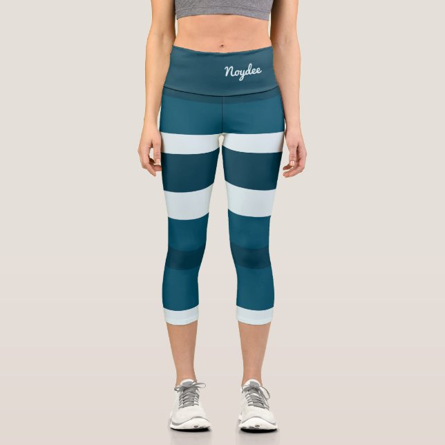 Leggings Capri Harmony Stripes Horizontal Lines Sea Blue White (Recto)
