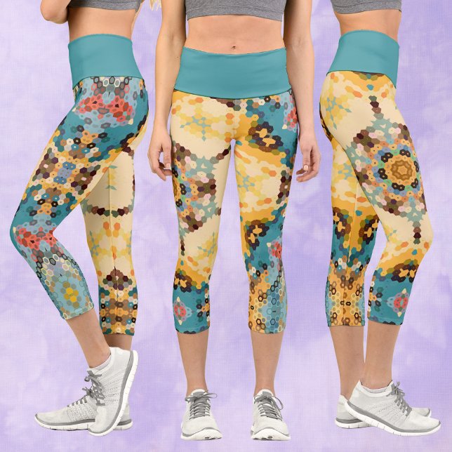 Leggings Capri Hex Mandala jaune et bleu (Créateur téléchargé)
