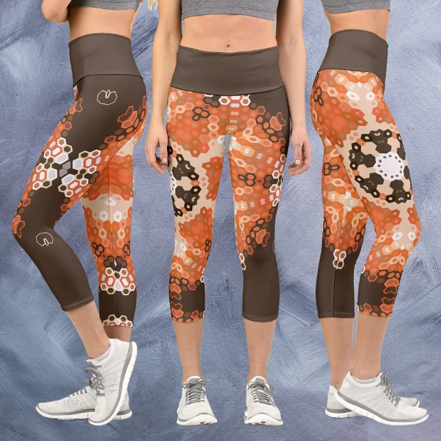 Leggings Capri Hex Mandala Orange Blanc et Brown (Créateur téléchargé)