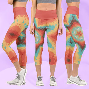 Leggings Capri Hex Mandala orange bleu et jaune