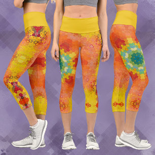 Leggings Capri Hex Mandala orange jaune rouge et bleu