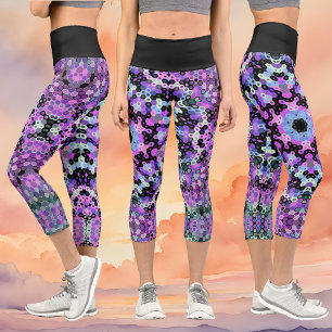 Leggings Capri Hex Mandala violet rose et bleu