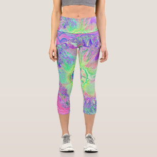 Leggings Capri Hibiscus Psychedelique Tripant Vert Citron et Viol