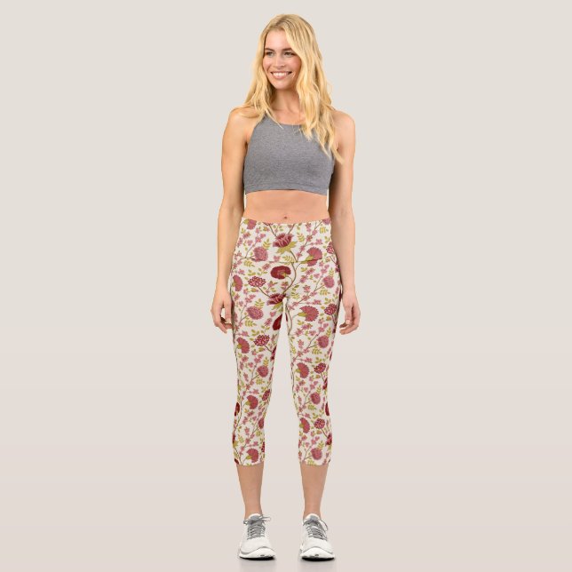 Leggings Capri Jacobean Floral Grand Motif Reds Pinks Gold Creme (Recto)