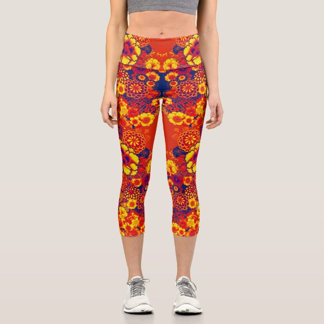 Leggings Capri JAUNE ORANGE FLEURS Peony, Floral japonais Rose  (Recto)