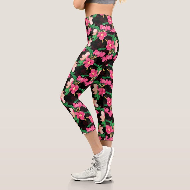 Leggings Capri Joli rose Fleurs de Fleur Peint Noir Design  (Gauche)