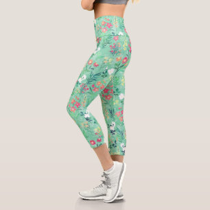 Leggings Capri Jolie aquarelle Floral Botanique Vert Motif