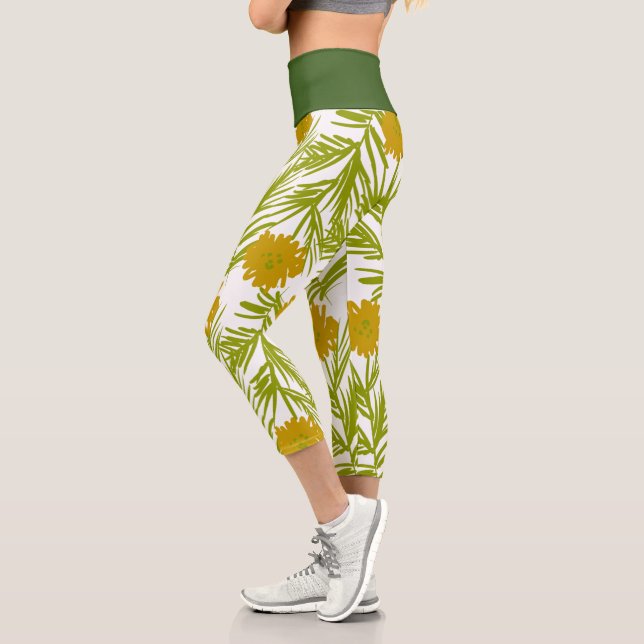 Leggings Capri Jolie main végétale florale tirée jaune (Gauche)