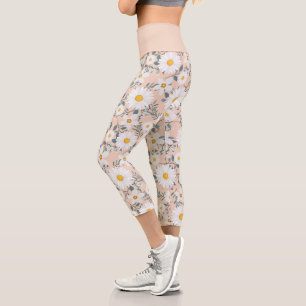 Leggings Capri Jolie Pêche Et Fleur De Daisy Blanche