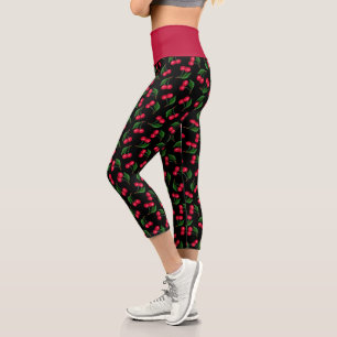 Leggings Capri Jolies Cerises Aquarelle Noires Et Rouges